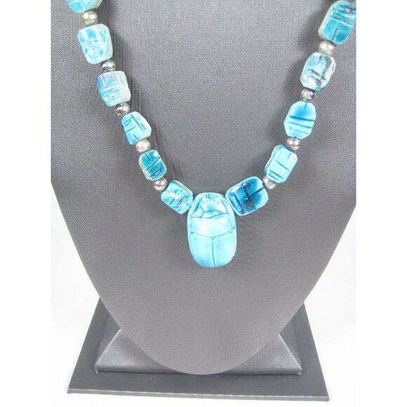 Egyptian Revival Scarab Faience Necklace Beaded Ceramic Vintage Pendant 29 READ - Picture 8 of 15